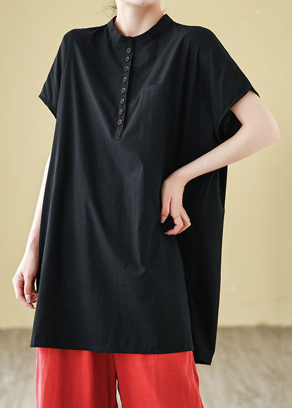 Tシャツ ボタン ブラック ネック ルーズ コットン O サマー