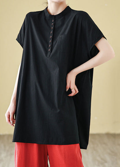 Tシャツ ボタン ブラック ネック ルーズ コットン O サマー