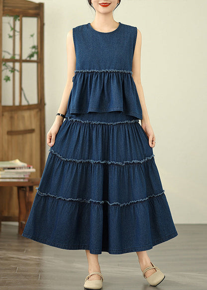 ゆったりとしたフリル付きノースリーブトップスとスカート2点セット、デニムワンピース、ネイビーとパッチワークのマキシ丈