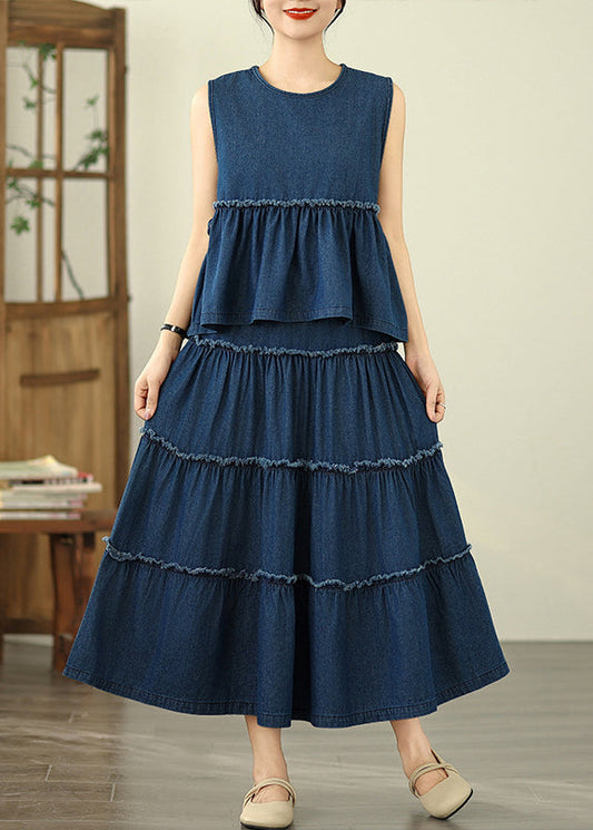 Lose Zwei Rüschen Ärmellose Top Röcke Denim Stück Navy Und Patchwork Set Maxi