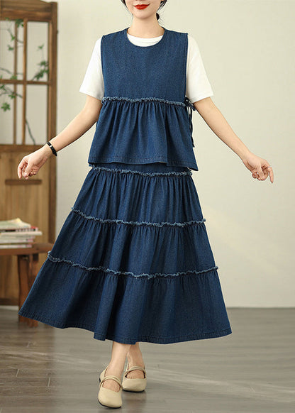 ゆったりとしたフリル付きノースリーブトップスとスカート2点セット、デニムワンピース、ネイビーとパッチワークのマキシ丈