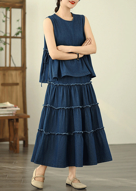 ゆったりとしたフリル付きノースリーブトップスとスカート2点セット、デニムワンピース、ネイビーとパッチワークのマキシ丈