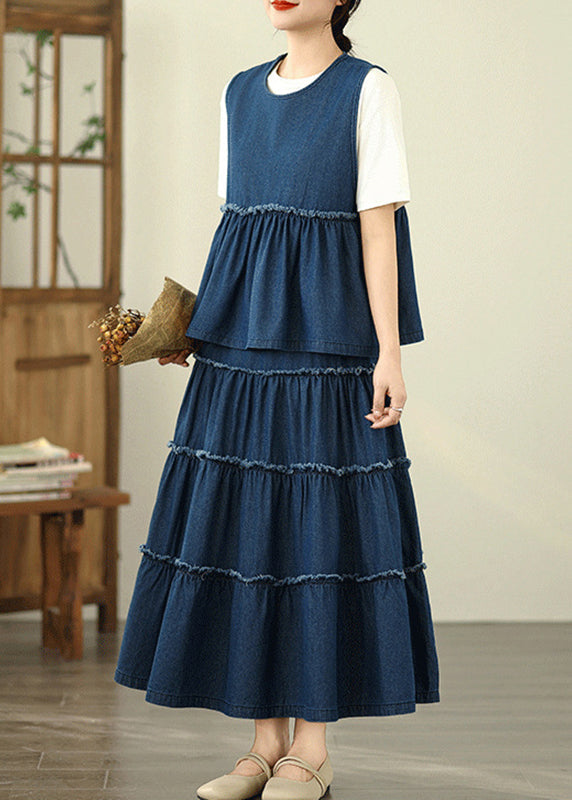 ゆったりとしたフリル付きノースリーブトップスとスカート2点セット、デニムワンピース、ネイビーとパッチワークのマキシ丈