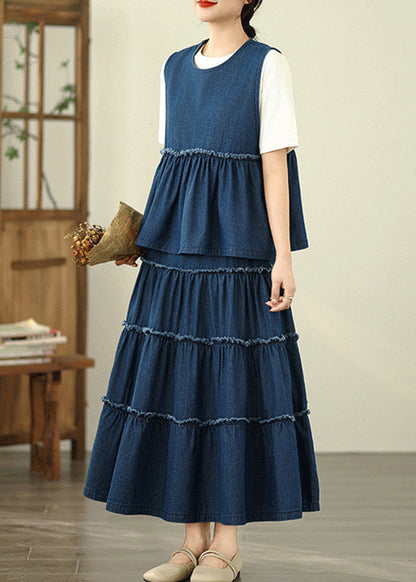 ゆったりとしたフリル付きノースリーブトップスとスカート2点セット、デニムワンピース、ネイビーとパッチワークのマキシ丈