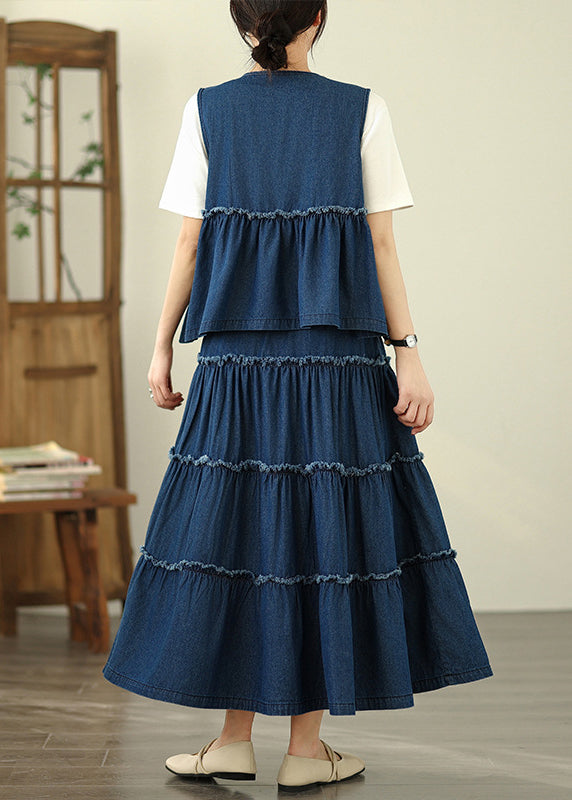 Lose Zwei Rüschen Ärmellose Top Röcke Denim Stück Navy Und Patchwork Set Maxi