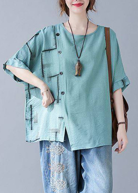 Plaid Natural Tops Summer Turquoise Asymmetrical
