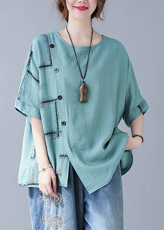 Plaid Natural Tops Summer Turquoise Asymmetrical