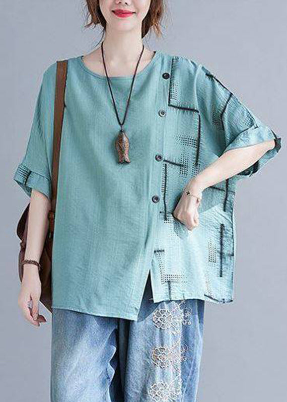 Plaid Natural Tops Summer Turquoise Asymmetrical