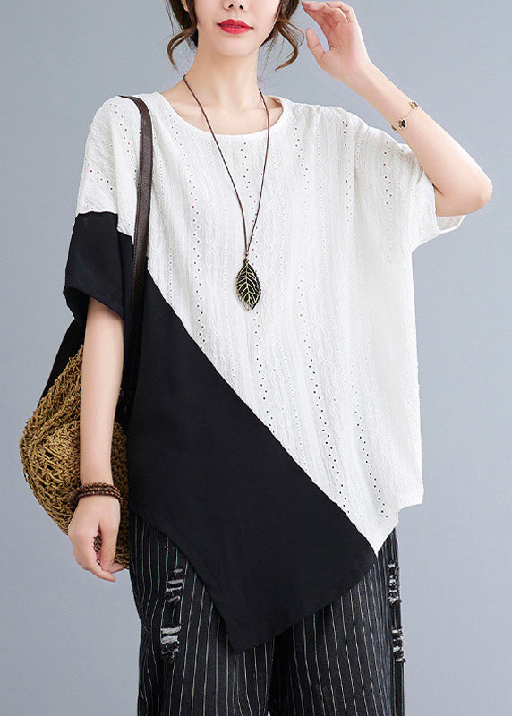 Asymmetrisches weißes Top aus natürlicher Spitze, Sommer-Patchwork