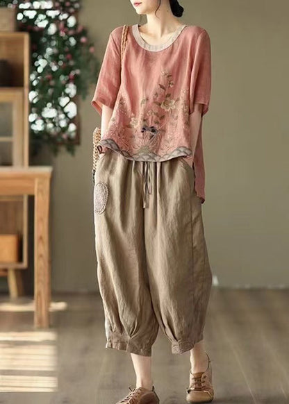 Retro New Print Set Pink Oversized Two Piece Summer Linen