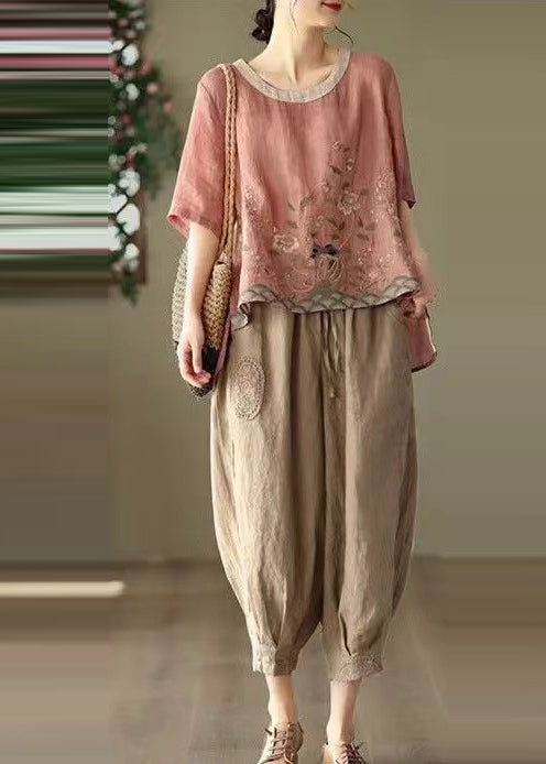 Retro New Print Set Pink Oversized Two Piece Summer Linen