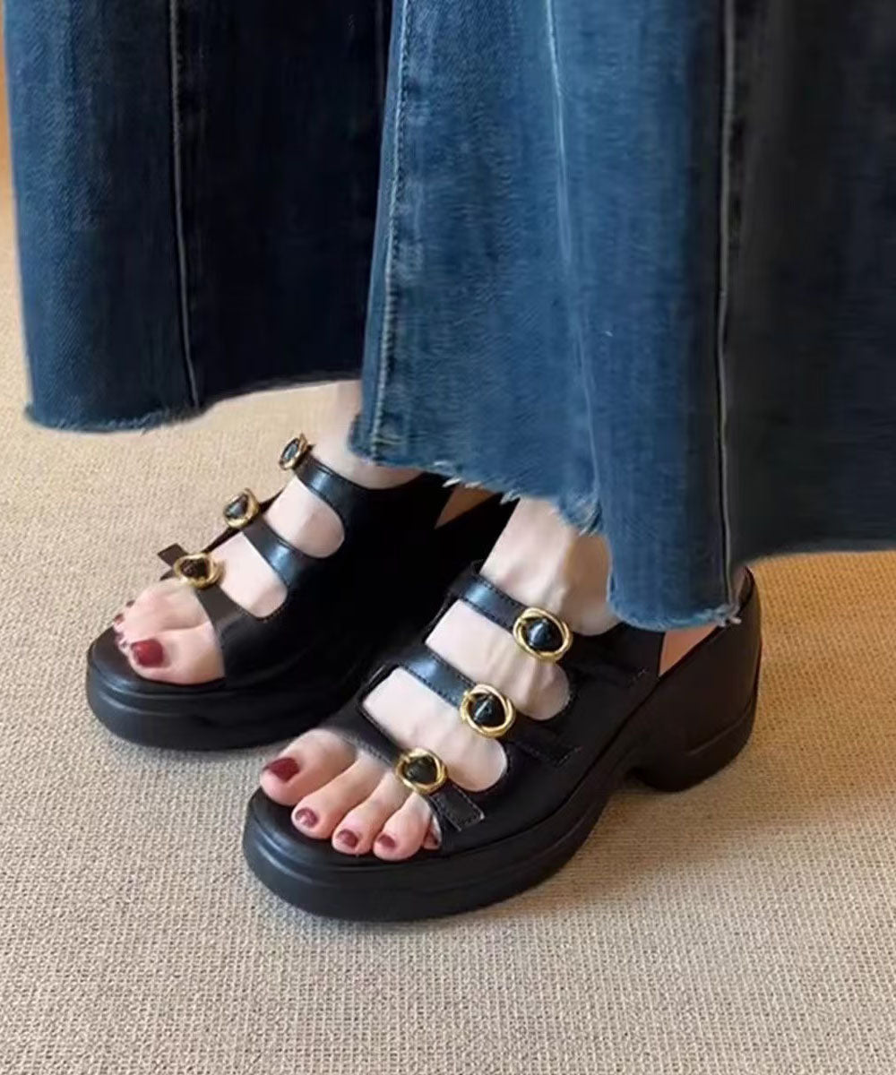 Leather Peep Splicing Black Platform New Sandals Toe Faux