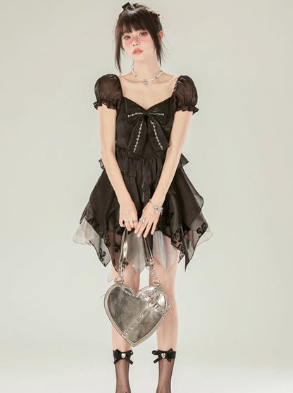 ノースリーブボウブラックパフリボンドレス