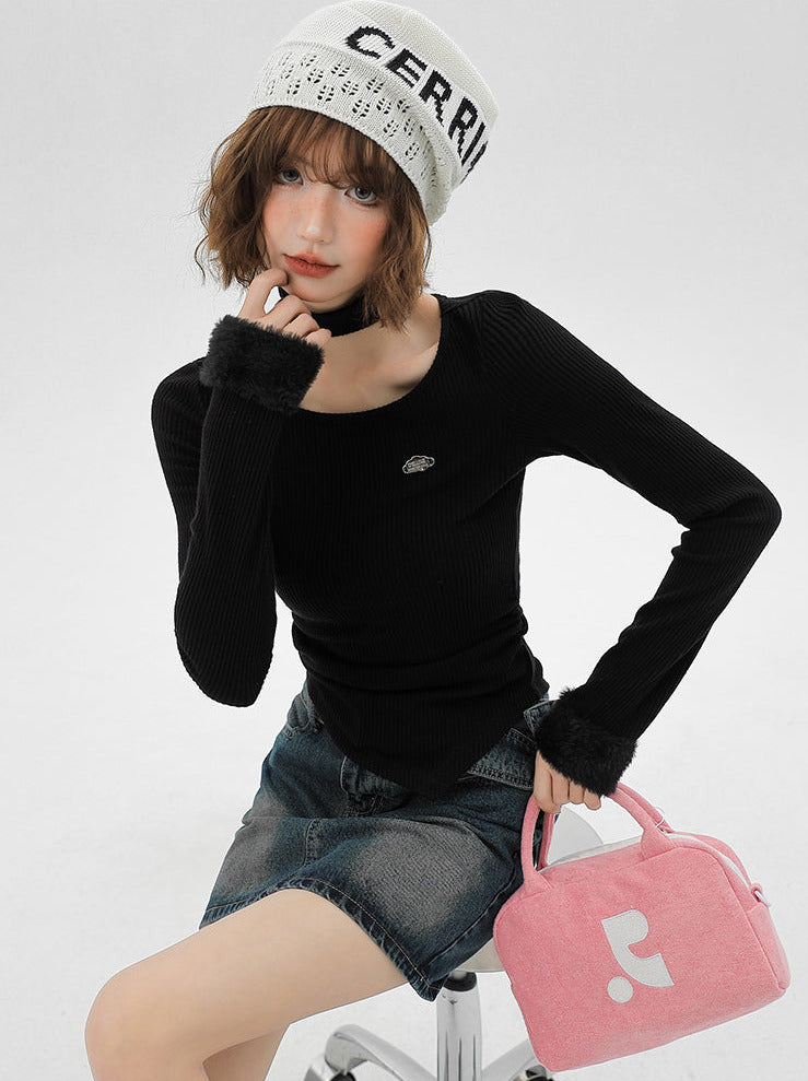 Slim Neck Fur T Collar Mode Long Sleeve
