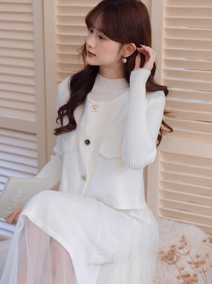 シースルー＋ショートフレグランスチュールエレガントベストドレス