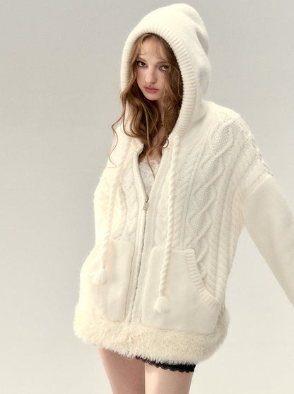 Kapuzenpullover mit Zopfmuster und Reißverschluss