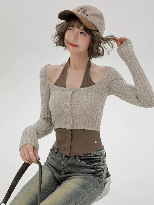 Neck Retro Stück Faux Slim Top Zwei amerikanische Neckholder