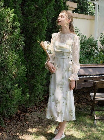 スカートトップ グリーン キャミソール フラワー シアー + シフォン