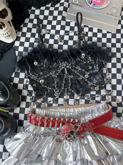 Gothic Lolita Harajuku Streetwear Pin Skull Hanging Chain Vest Rock Top