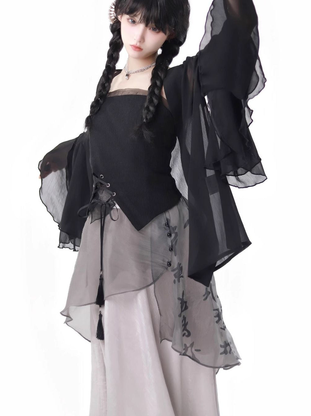 シャツトップドレス カリグラフィー シフォンサスペンダー シフォンスカート