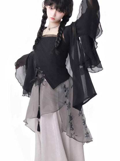 シャツトップドレス カリグラフィー シフォンサスペンダー シフォンスカート