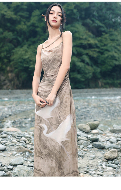 Print Suspender Draped Dress Retro Dark