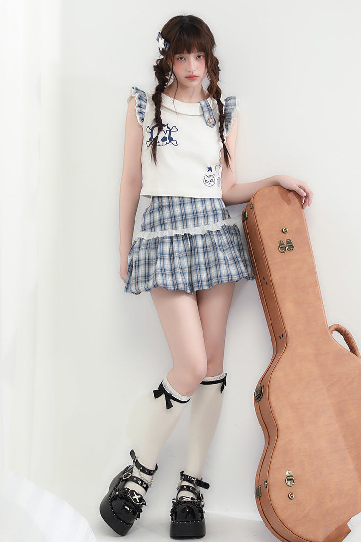 Karierter + ärmelloser Minirock Cat Top Skull