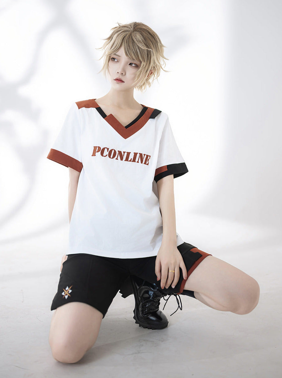 Shorts T-Shirt White Embroidery Summer V-Neck