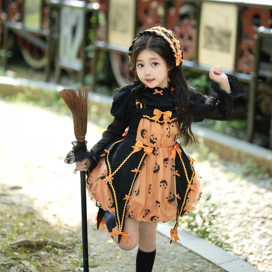 Kids Halloween Pumpkin Lolita Sweet Black Dress Set — Lemon Sugar