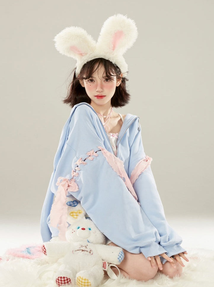 Sweet Pink Zip-Up Blue Hoodie Milk Ribbon