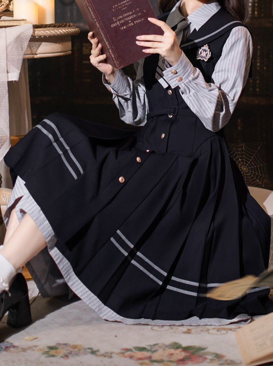 Hemdkleid Farbe + Krawatte Plissee Marine Anzug Gestreift Abzeichen Retro Magic Dress Academy