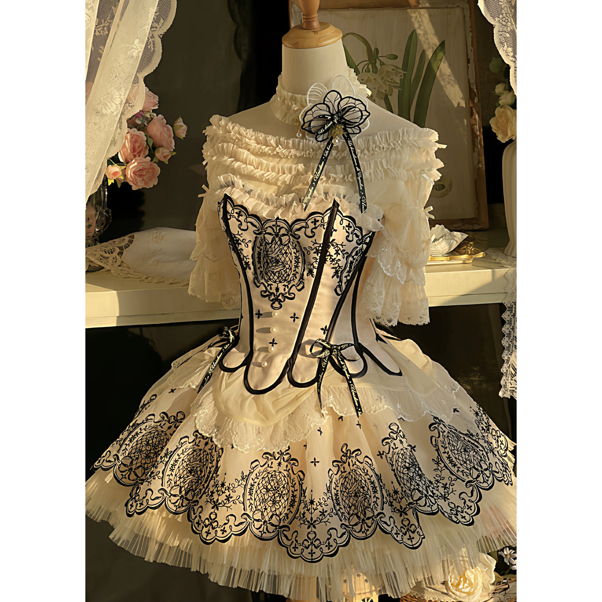 Beige embroidered corset and short skirt set on a mannequin