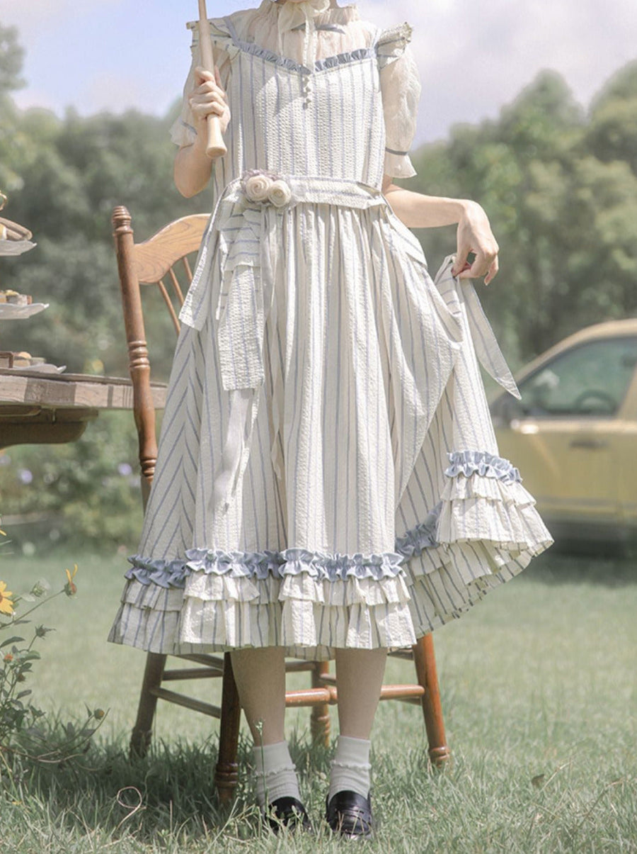 Chemise faite main + robe bouffante transparente à volants, manches bouffantes, corsage d'épaule, fée intérieure en dentelle + rayures
