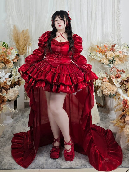 Plus Size Burgundy Satin Ball Rose Gown with Long Train Shiny Formal Dress