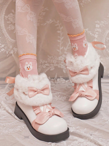 Boots Snow Mid Velvet Color Lolita Block Short Ribbon Heel Sweet