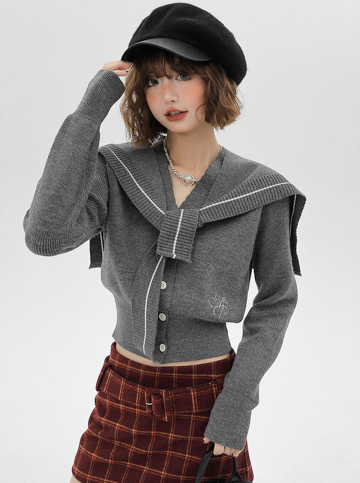 Jacket Retro College Cardigan Knit Sailor Collar Shawl Style