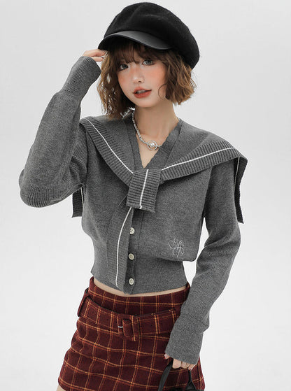 Jacket Retro College Cardigan Knit Sailor Collar Shawl Style