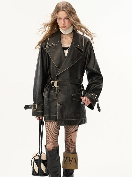 レザージャケット ストラップウエスト ポリッシュ ウィンドブレーカー