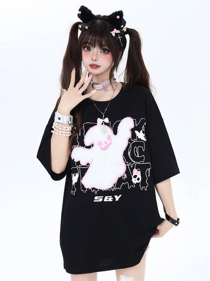 ルーズ刺繍ダークリトルTシャツゴースト