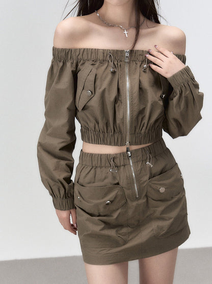 モードなオフショルダートップス＋ダブルポケットスカート