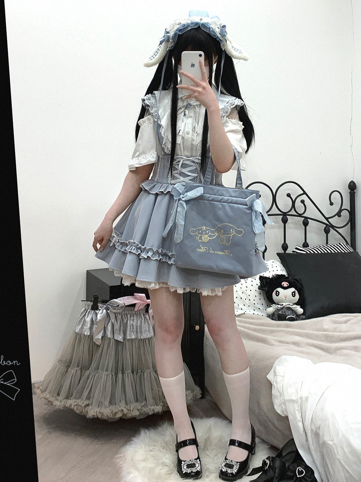 レースシアーショルダーケープマインリボンシャツ