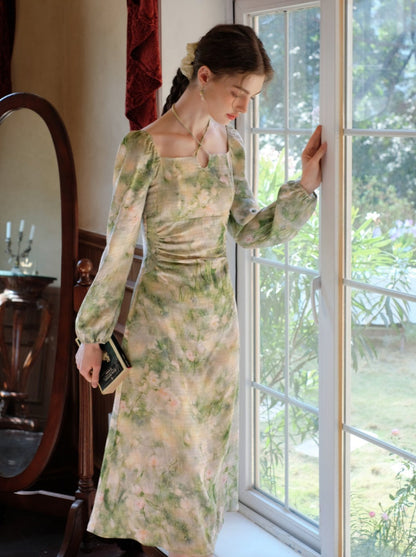 Elegant Neck Green Square Retro Dress