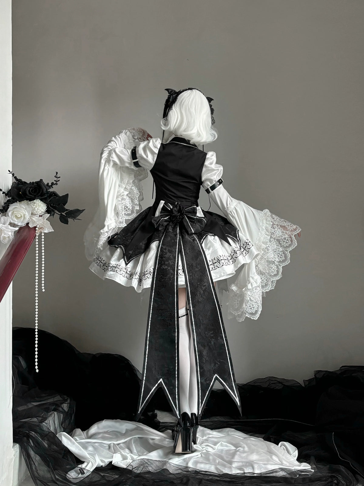 Black and white Gothic Lolita dress set back view