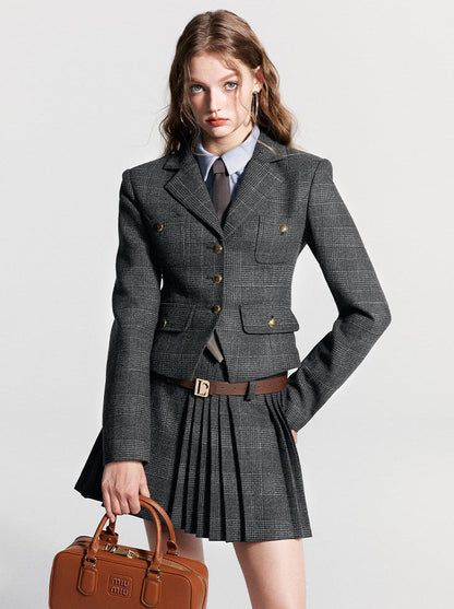 Rockanzug kariert + Phantomgraue Jacke kurz plissiert