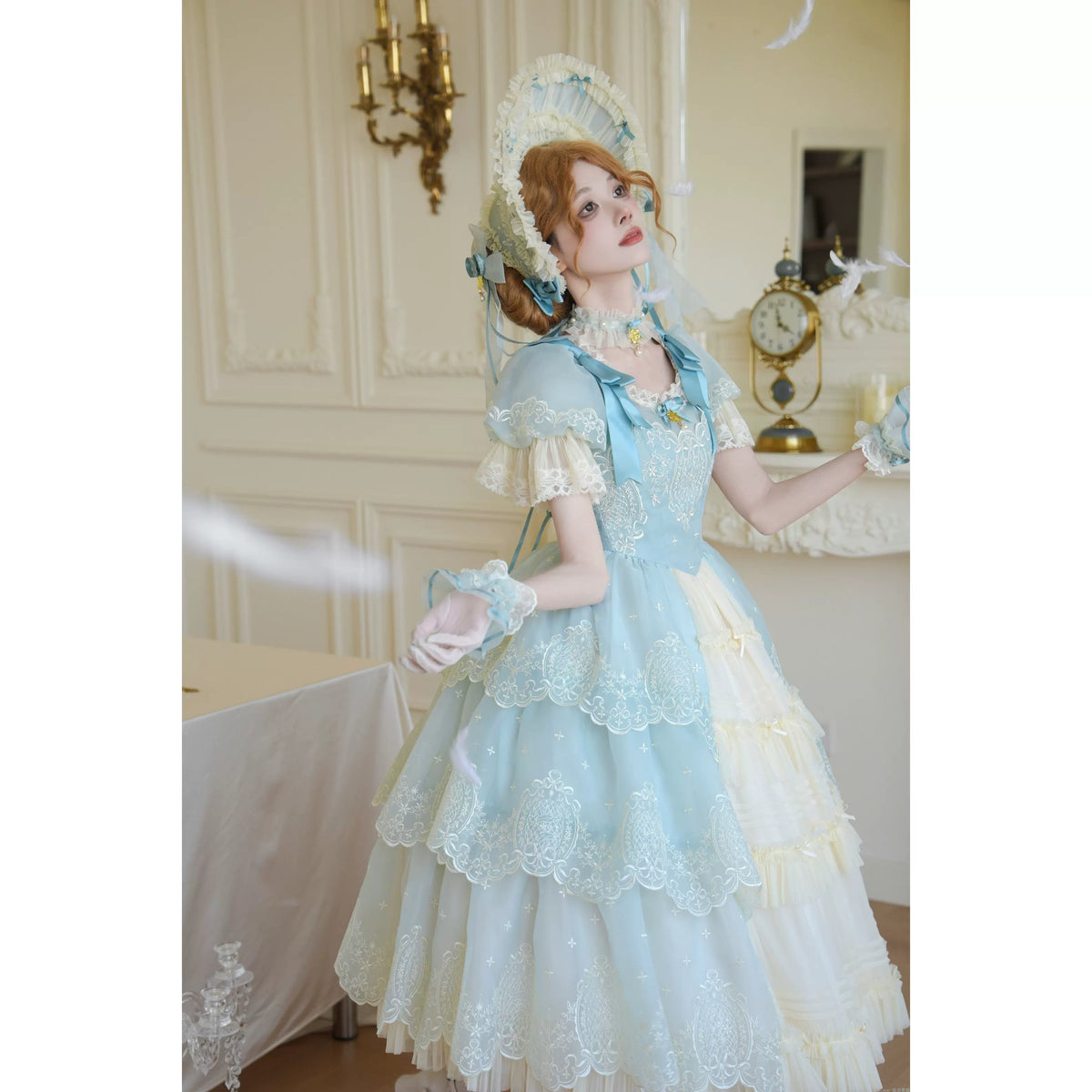 Blue-Green long OP Lolita dress worn with coordinating headwear