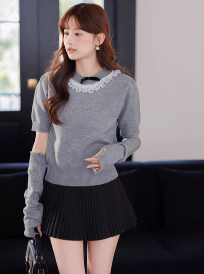 Lace Arm Ribbon Sweet Warmers Top Knit