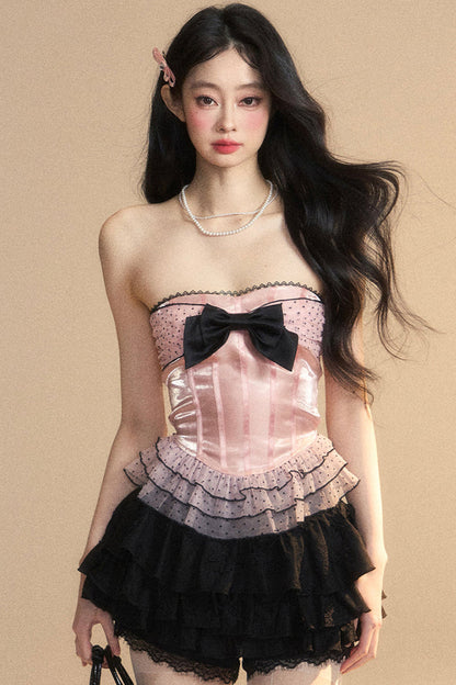 リボンレースリザーブメッシュチューブドットトップ