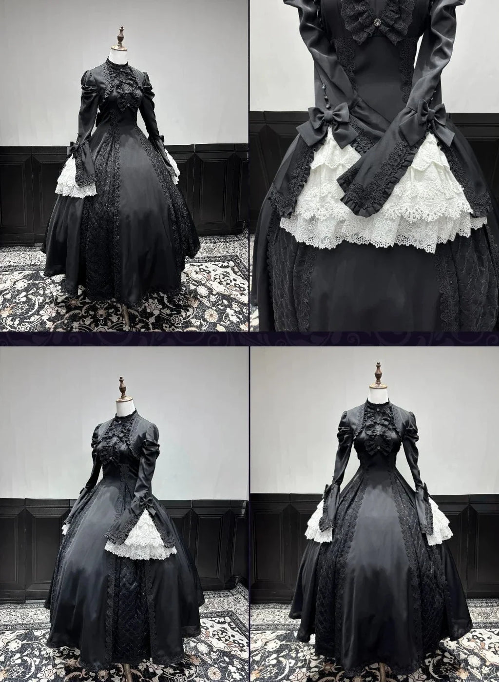 Gothic Black and White Widow Lace Princess Sleeve Faux Two-Piece Long Dress
