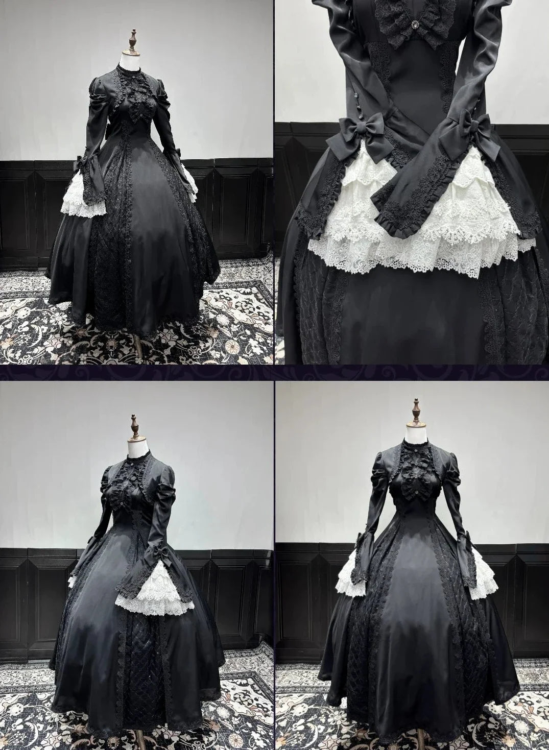 Gothic Black and White Widow Lace Princess Sleeve Faux Two-Piece Long Dress