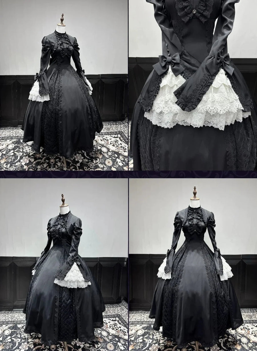 Gothic Black and White Widow Lace Princess Sleeve Faux Two-Piece Long Dress
